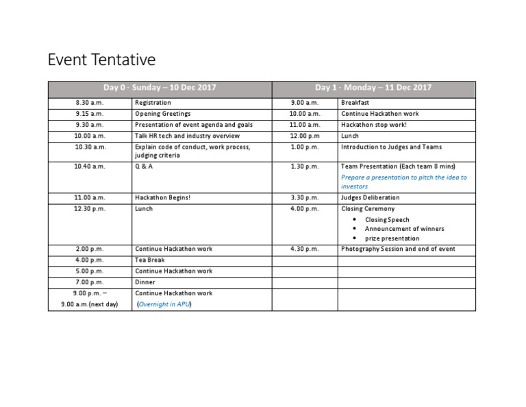 Hackathon Event Schedule 2017 | PDF