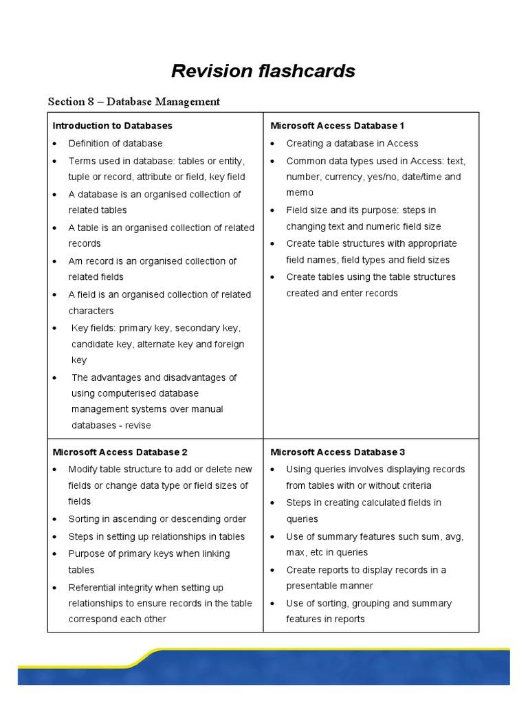 Revision Flashcards Section 8 Database Management PDF Microsoft