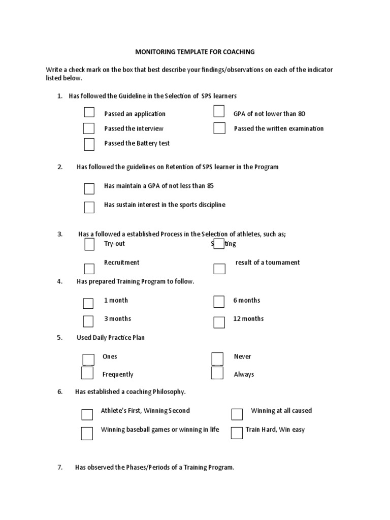 Coaching Monitoring Template | PDF | Teaching | Psychological Concepts