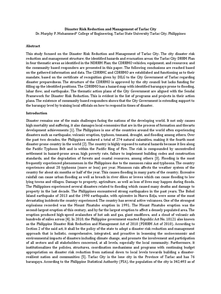 Disaster Risk Reduction and Management of Tarlac City | PDF | Emergency ...