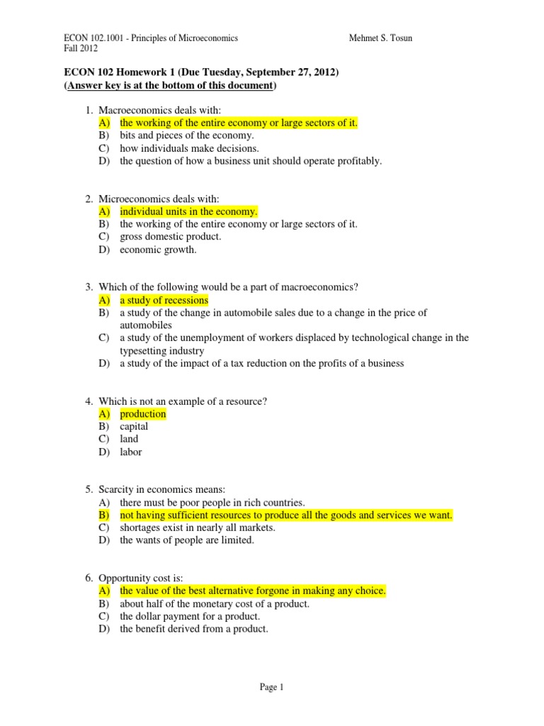 ECON 102 Homework 1 (Due Tuesday, September 27, 2012) (Answer Key Is at ...