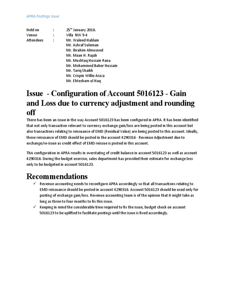 Issue Configuration of Account 5016123 Gain and Loss Due To Currency Adjustment and Rounding