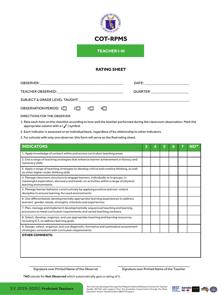 Cot T1 3 Ratingsheet Pdf Pdf Curriculum Teachers