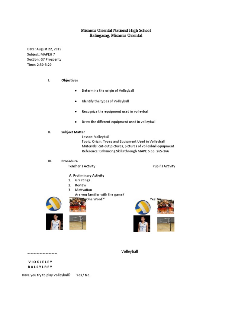 Lesson Plan Volleyball PDF Volleyball Lesson Plan