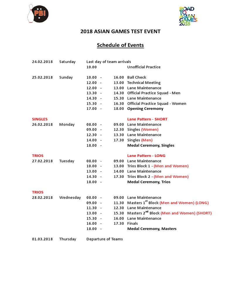 2018 Asian Games Test Event Schedule of Events: Singles Lane Pattern ...