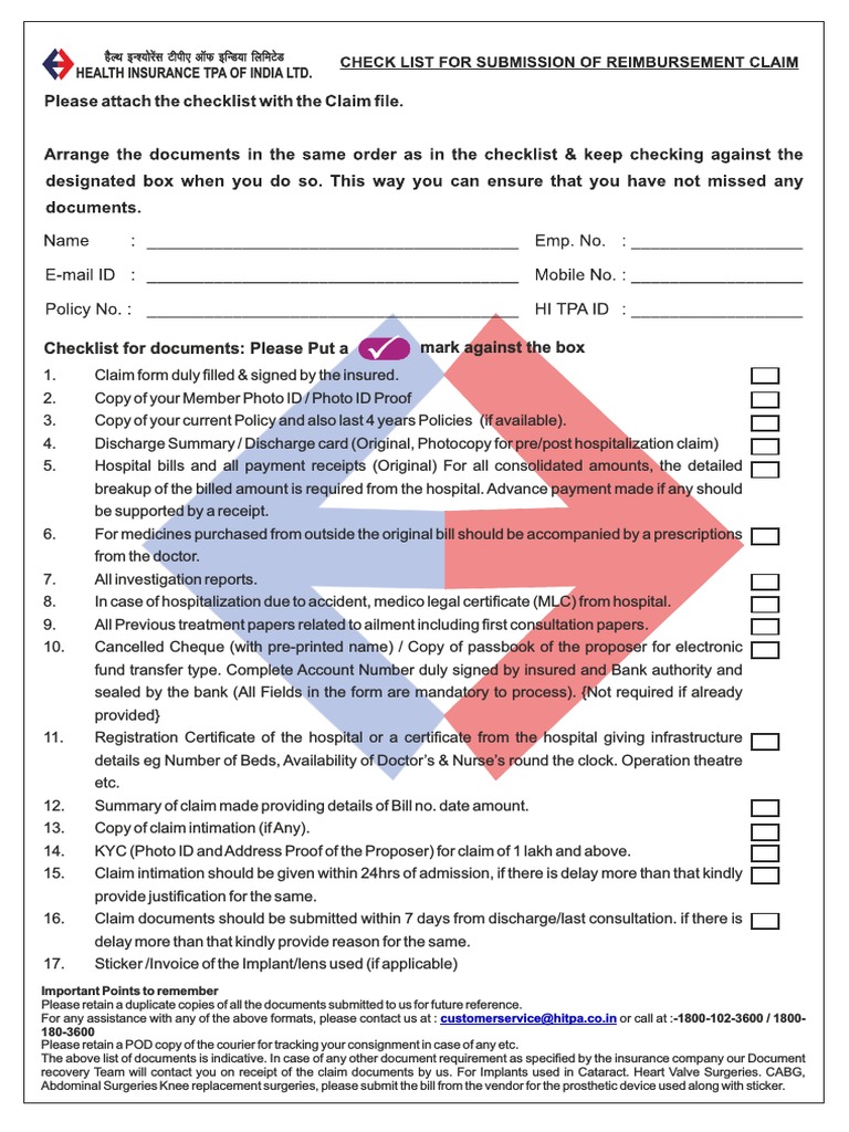 Health Insurance Claim Document Checklist | PDF | Payments | Receipt