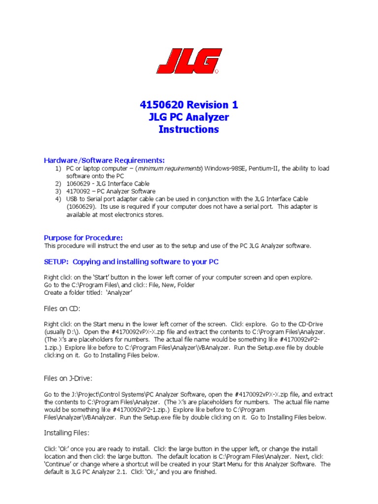 Revision 1 JLG PC Analyzer Instructions: Hardware/Software Requirements ...