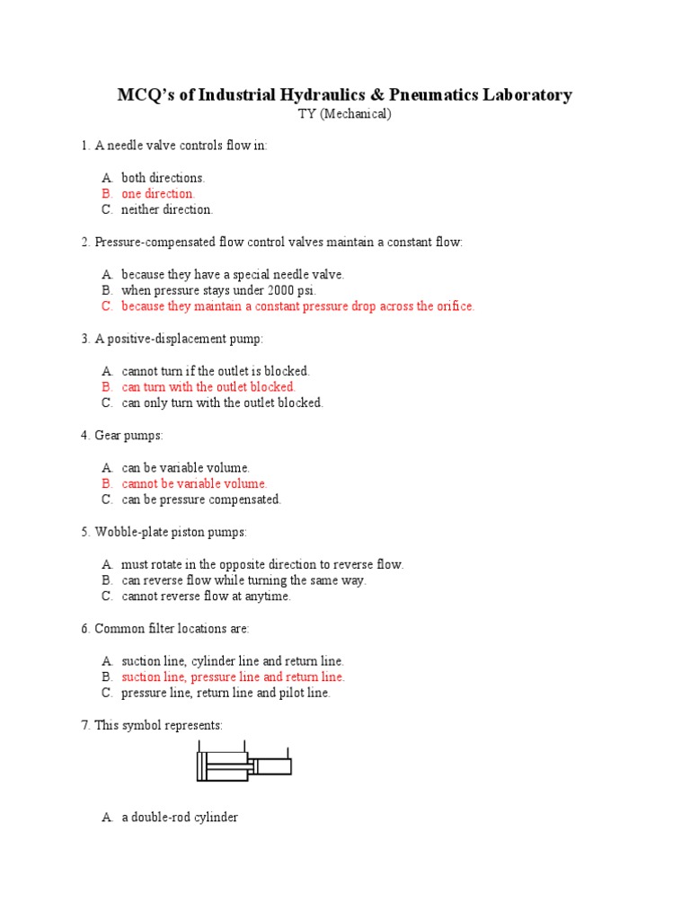 MCQ's of Industrial Hydraulics & Pneumatics Laboratory B. One