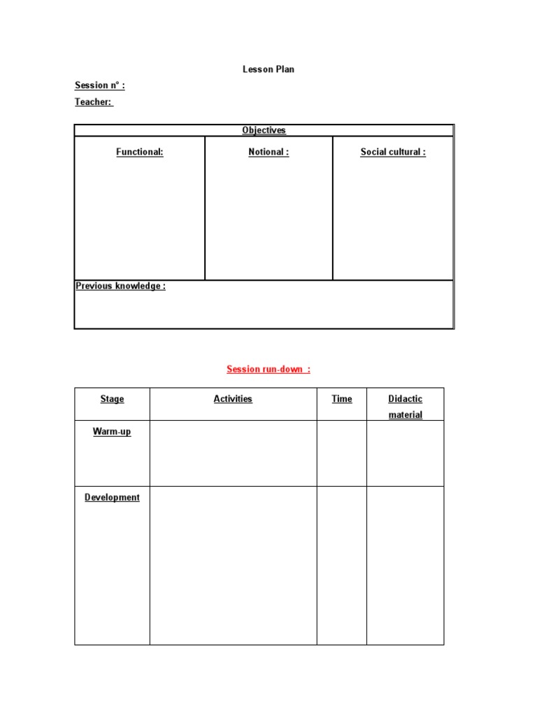 Lesson Plan Session N°: Teacher: Objectives Functional: Notional ...