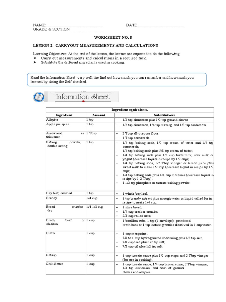 Worksheet 8 Substitution Of Ingredients Flour Corn Starch