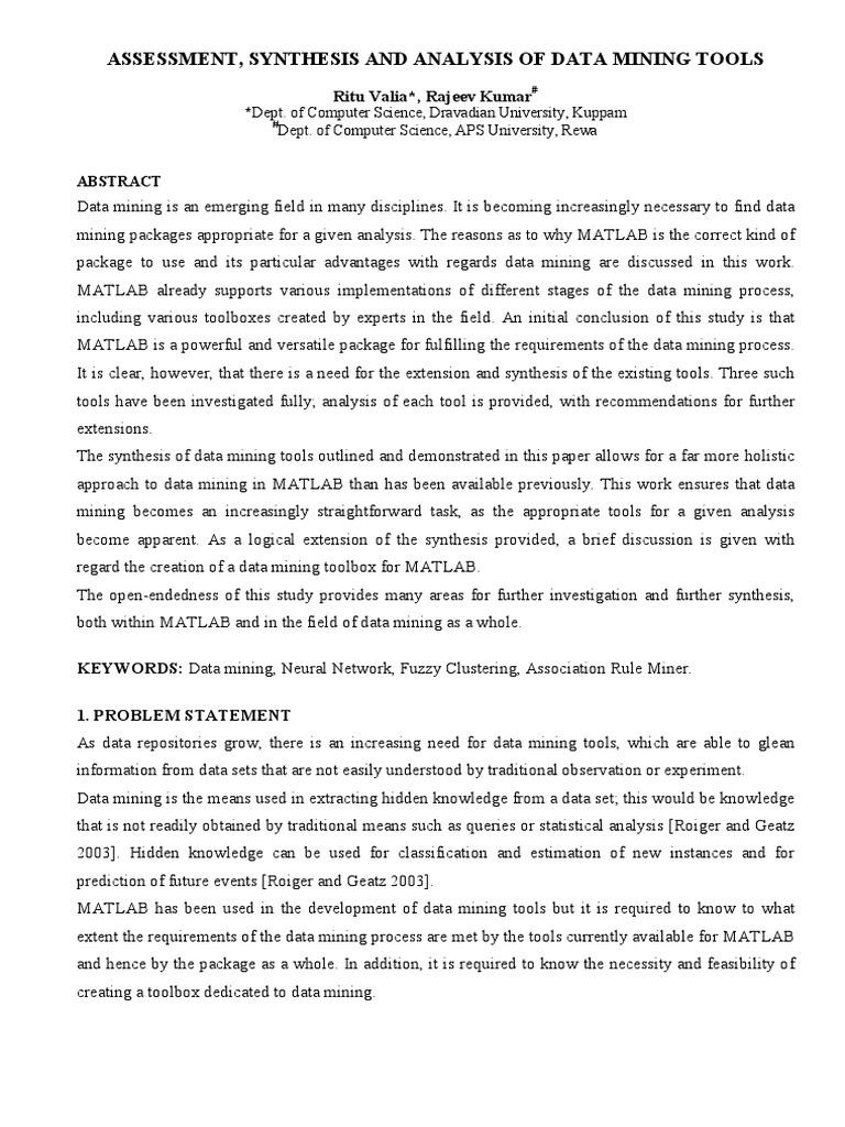 Assessment, Synthesis and Analysis of Data Mining Tools | PDF | Cluster ...