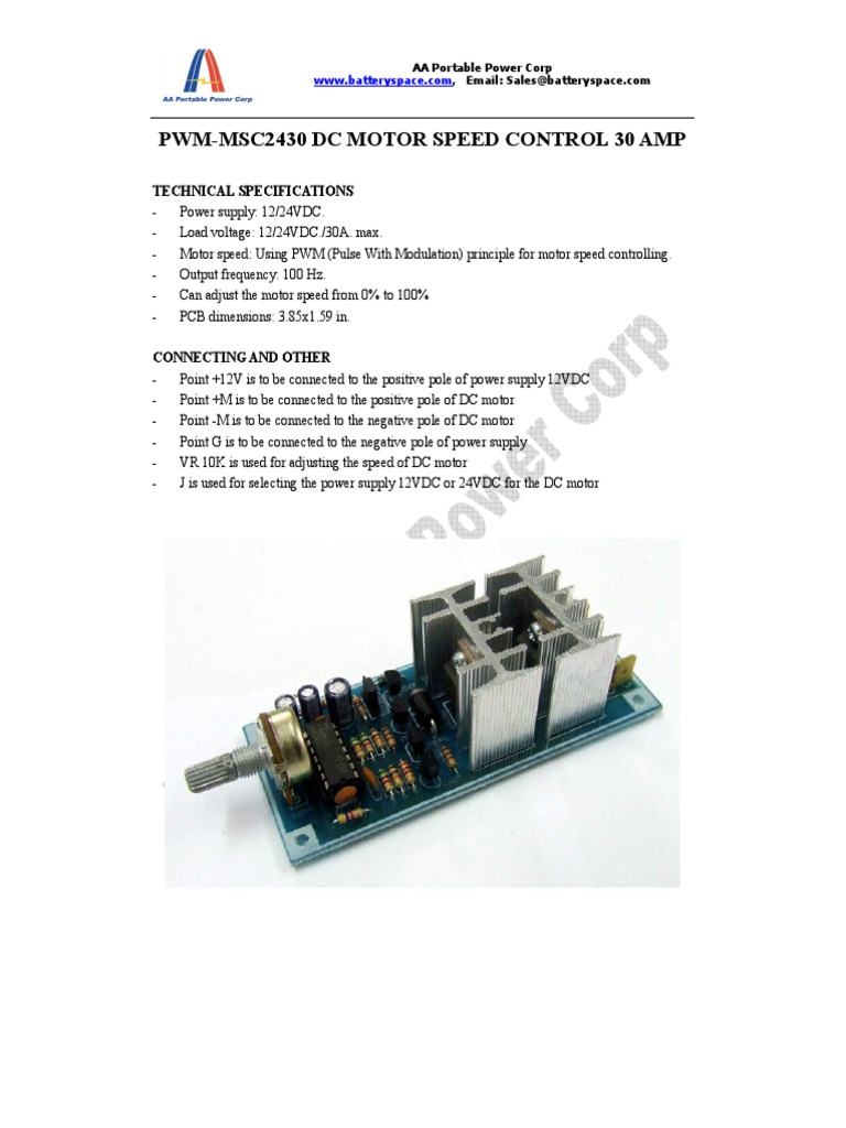 Pwm-Msc2430 DC Motor Speed Control 30 Amp: Technical Specifications | PDF