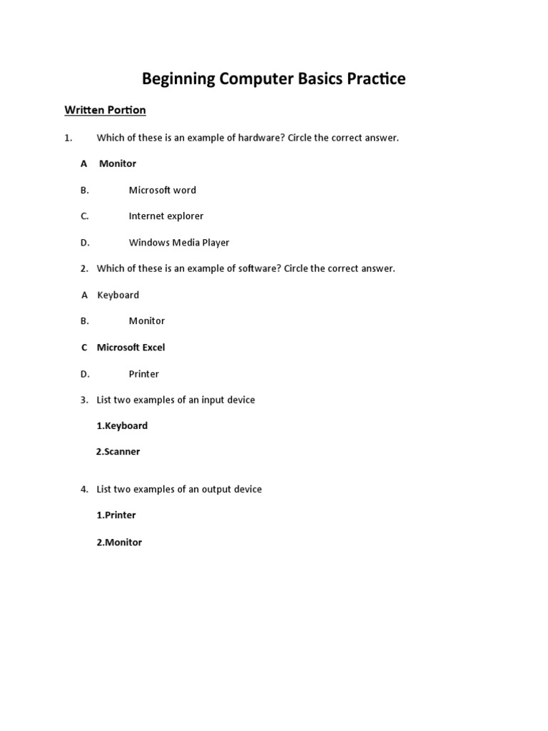 Beginning Computer Basics Practice: Written Portion | PDF | System ...
