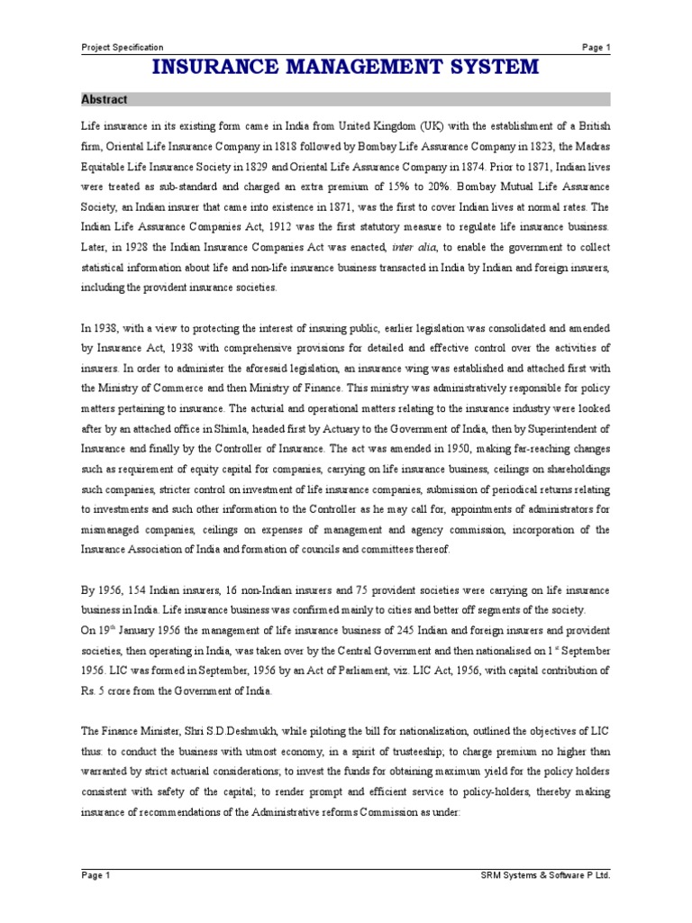 Insurance Management System Project Specification PDF Life