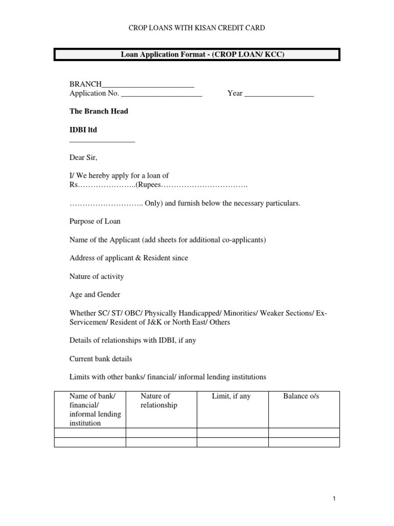 Loan Application Format - (CROP LOAN/ KCC) : Crop Loans With Kisan ...