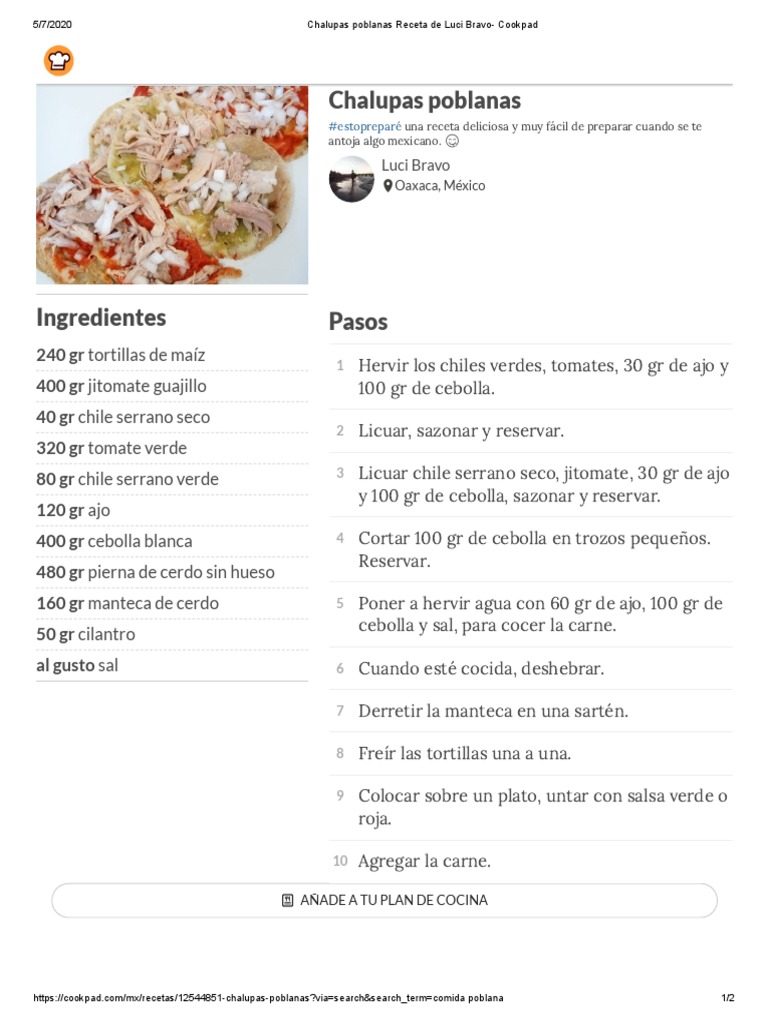 Chalupas Poblanas Receta de Luci Bravo - Cookpad | PDF | Ingredientes de  comida | Cocina europea