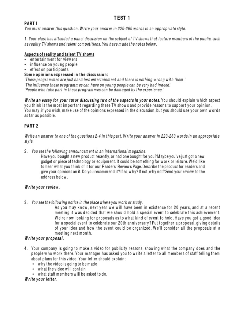 CAE Writing Test: Essay and Review Tasks | PDF | Sentence (Linguistics ...