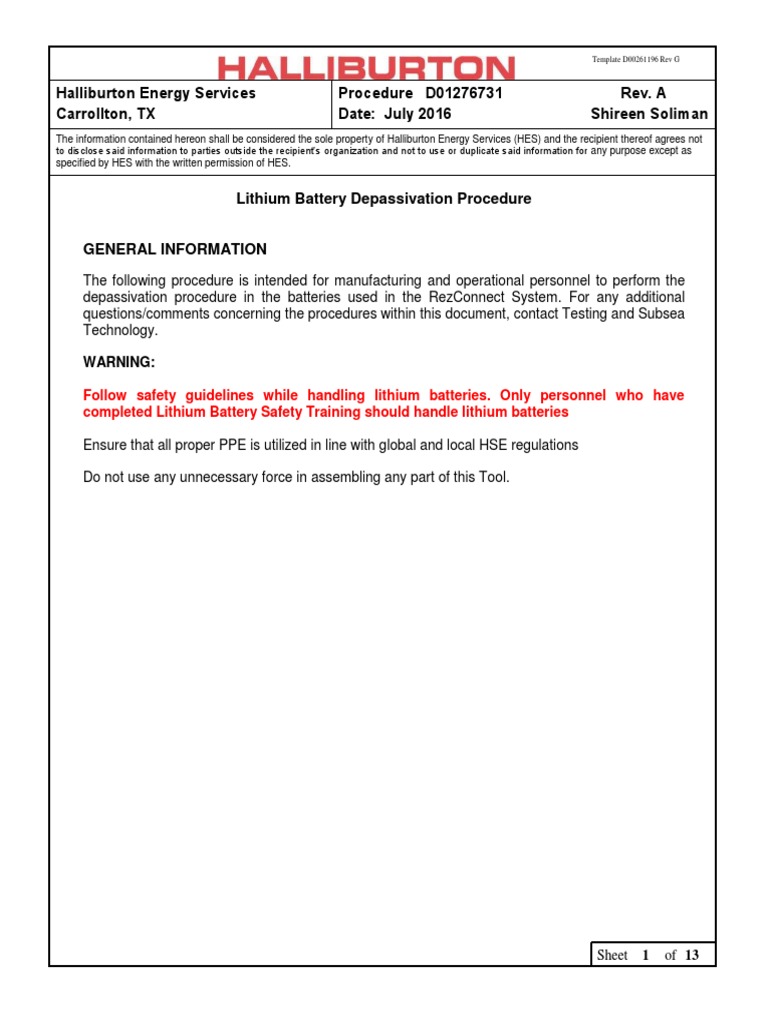 Halliburton Lithium Battery Depassivation Procedure for RezConnect