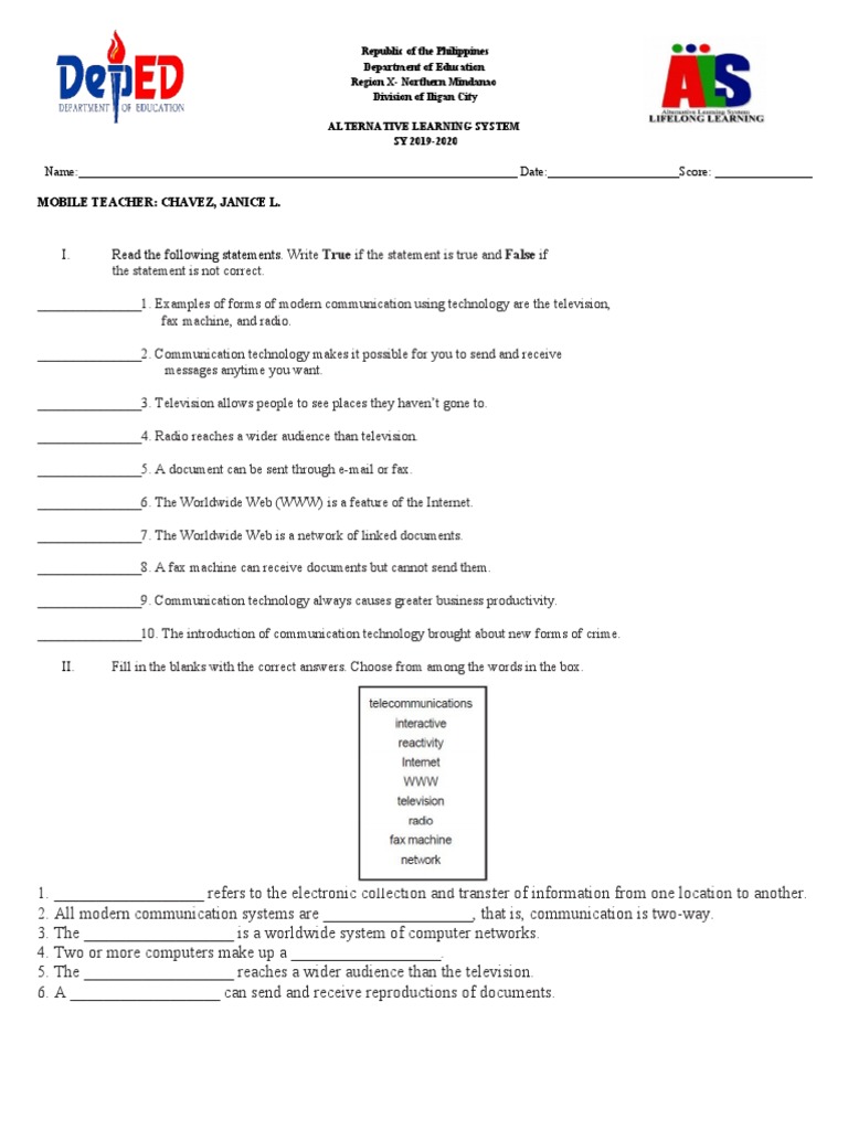 Alternative Learning System Quiz 2019-2020 | PDF | Social Science