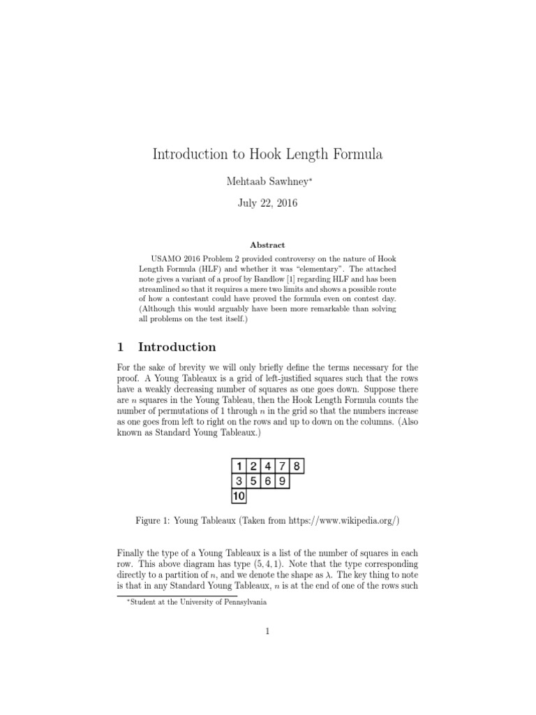 Introduction To Hook Length Formula PDF PDF Mathematical Concepts