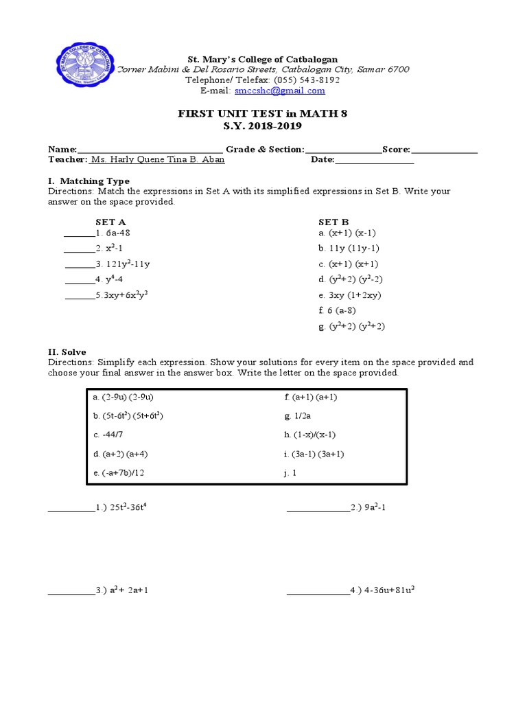 First Unit Test in Math 8 S.Y. 2018-2019: Corner Mabini & Del Rosario ...