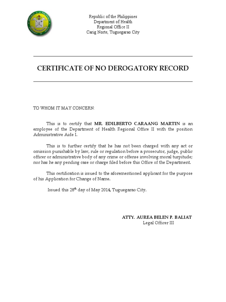 No Derogatory Record PDF