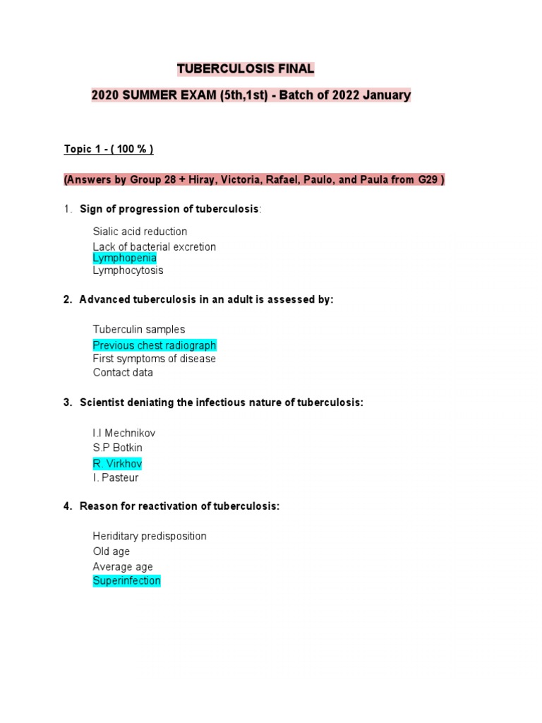 Tuberculosis Exam Questions and Answers | PDF | Tuberculosis | Lung