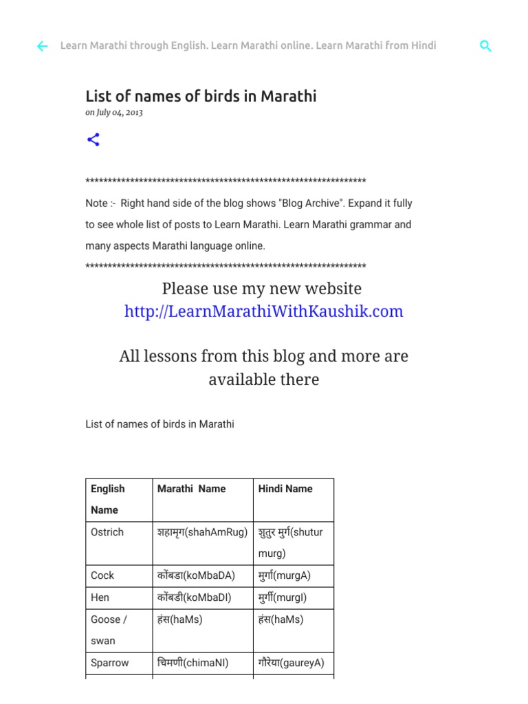 List of Names of Birds in Marathi PDF Paravians Birds
