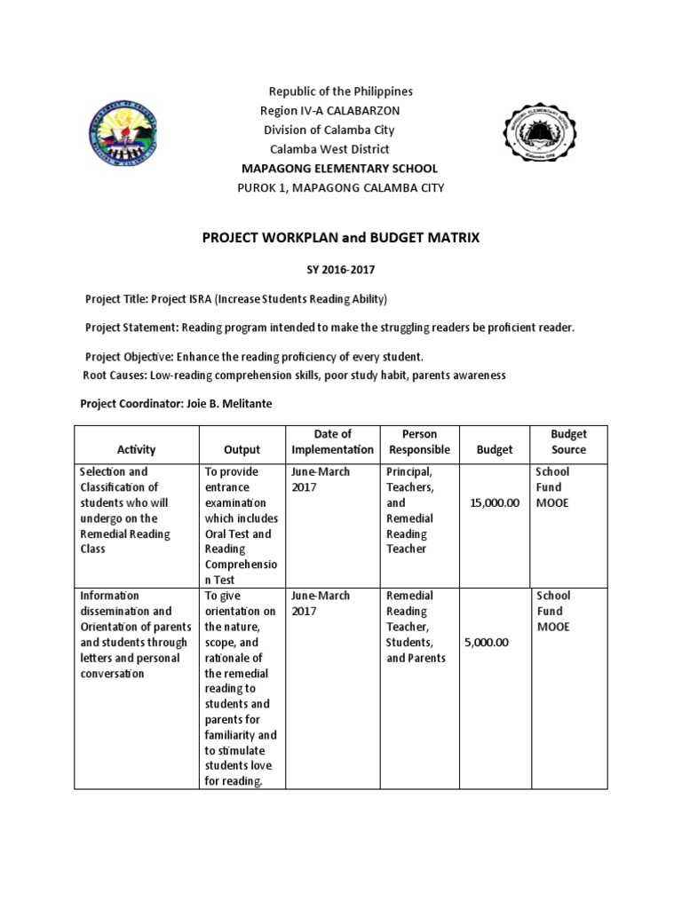 Sample Project Workplan And Budget Matrix In Reading