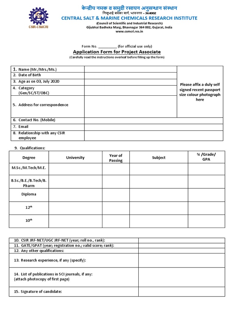 Project Associate Application Form | PDF | Qualifications | Educational ...