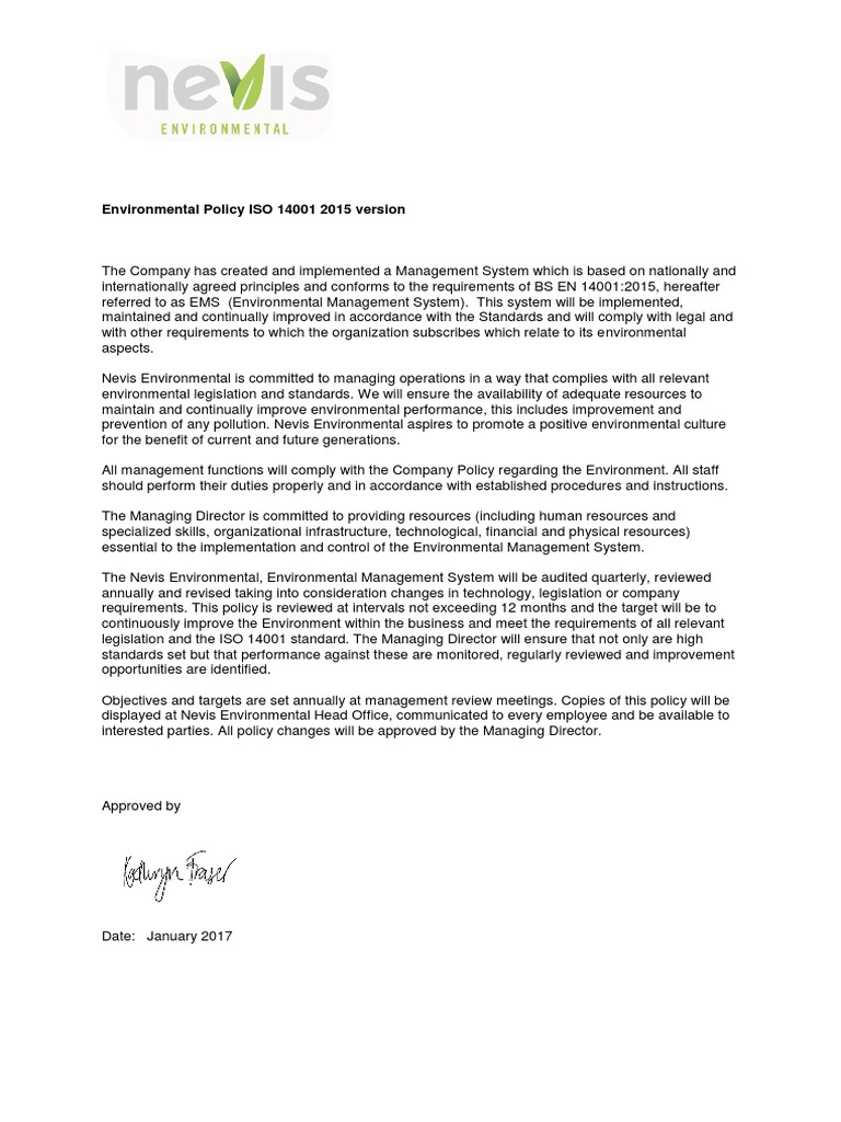 Environmental Policy ISO 14001 2015 Version | PDF