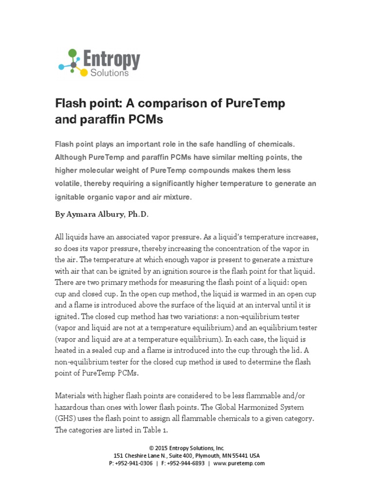 Flash Point A Comparison of Puretemp and Paraffin PCMS by Aymara