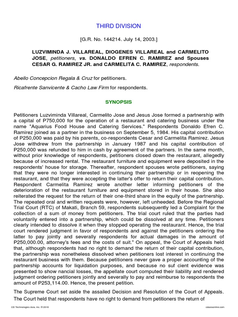 Villareal v. Ramirez | PDF | Partnership | Liquidation