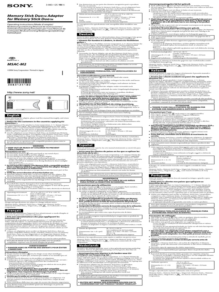 Memory Stick Duo Adaptor For Memory Stick Duo TM TM PDF