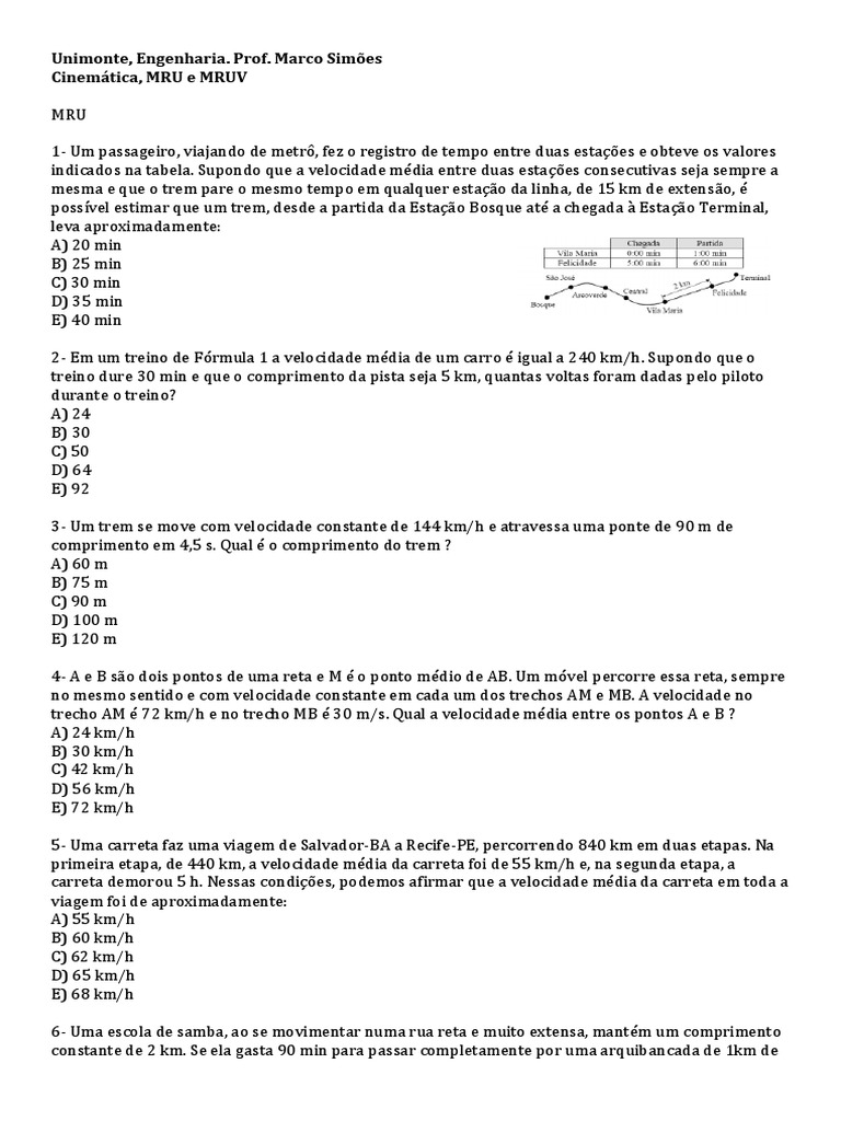 Cinemática - MRU e MRUV - Exercícios de Alternativas, Questões | PDF ...