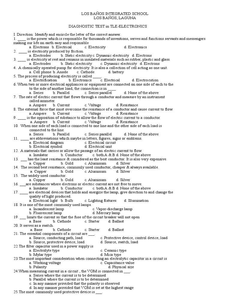 TLE Electronics Diagnostic Test | PDF | Incandescent Light Bulb ...