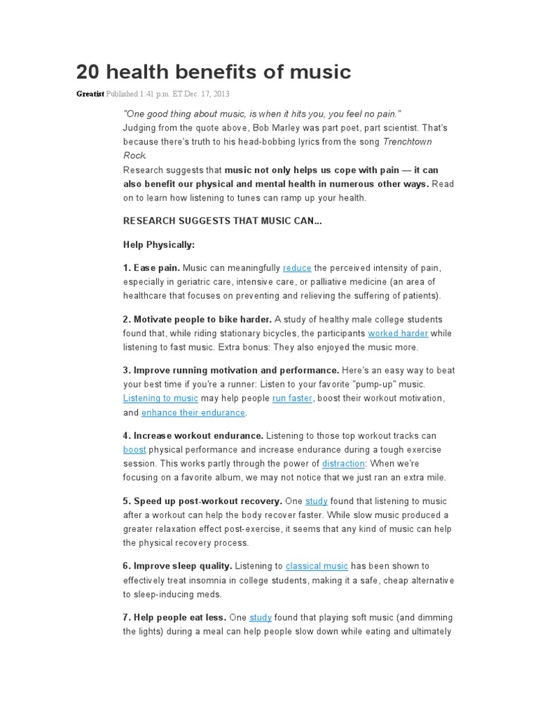 20 Health Benefits Of Music Pdf Relaxation Psychology Mood