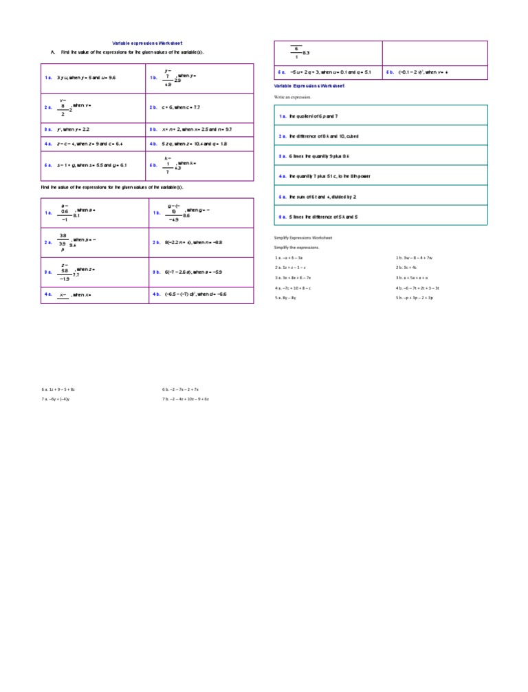 Variable Expressions Practice Worksheet | PDF | Teaching Mathematics ...