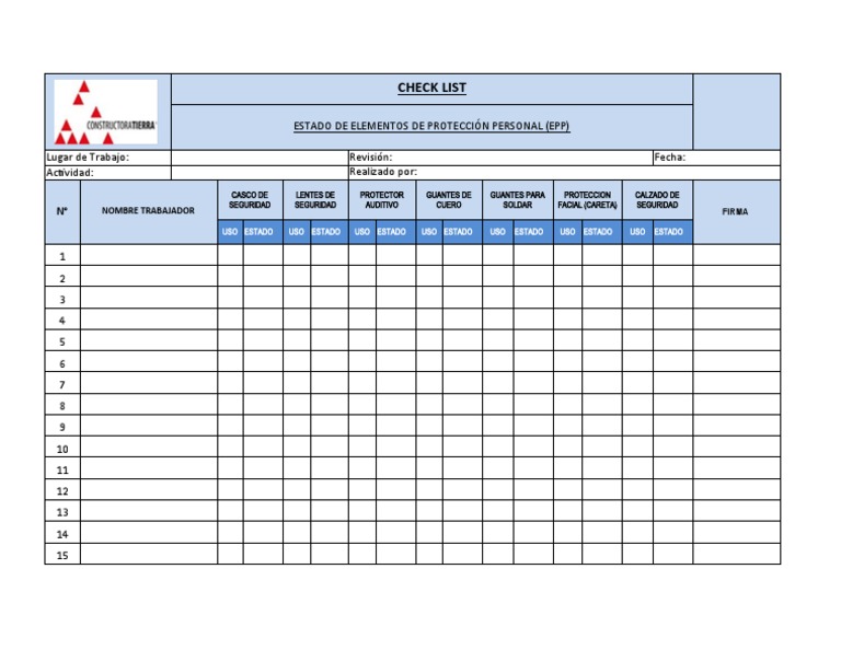 Inspección de EPP: Checklist Excel | PDF