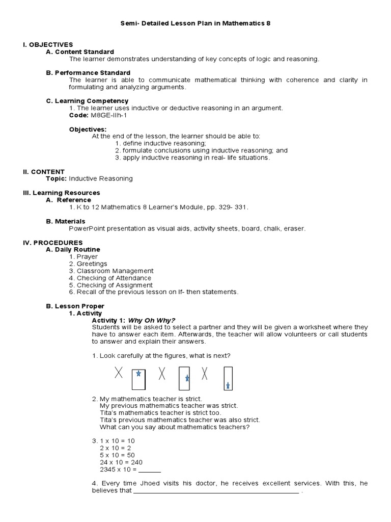 Inductive Reasoning Lesson Plan for Grade 8 | PDF | Inductive Reasoning ...