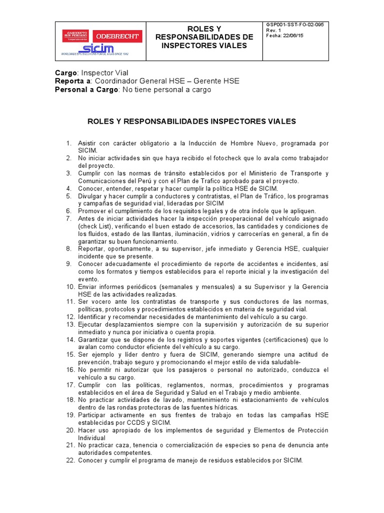 Roles y Responsabilidades Inspectores Viales | PDF | Seguridad vial ...