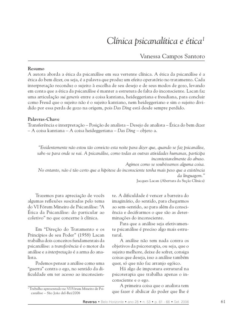 ARTIGO Clínica Psicanalítica e Ética PDF Jacques Lacan Psicanálise