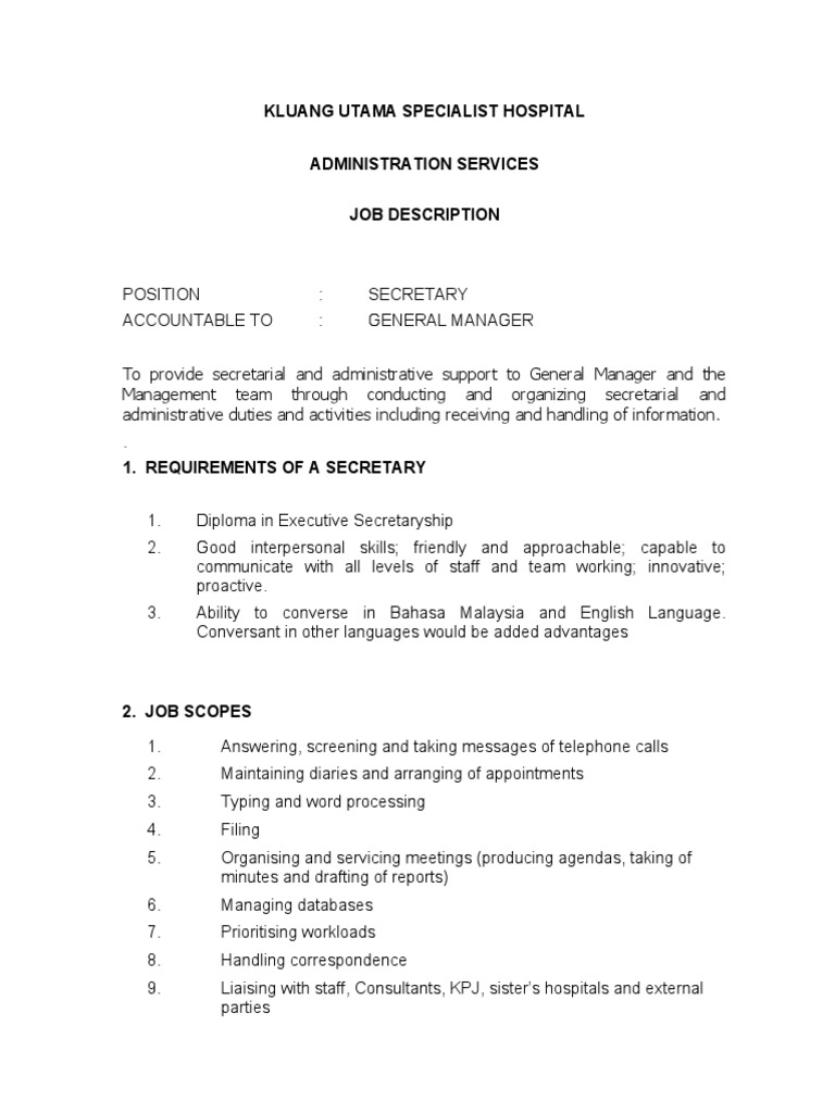 Job Description Secretary PDF Secretary Employment