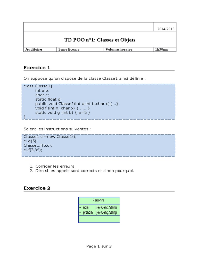 TD POO : Classes et Objets en Java | PDF | Java (Langage de ...