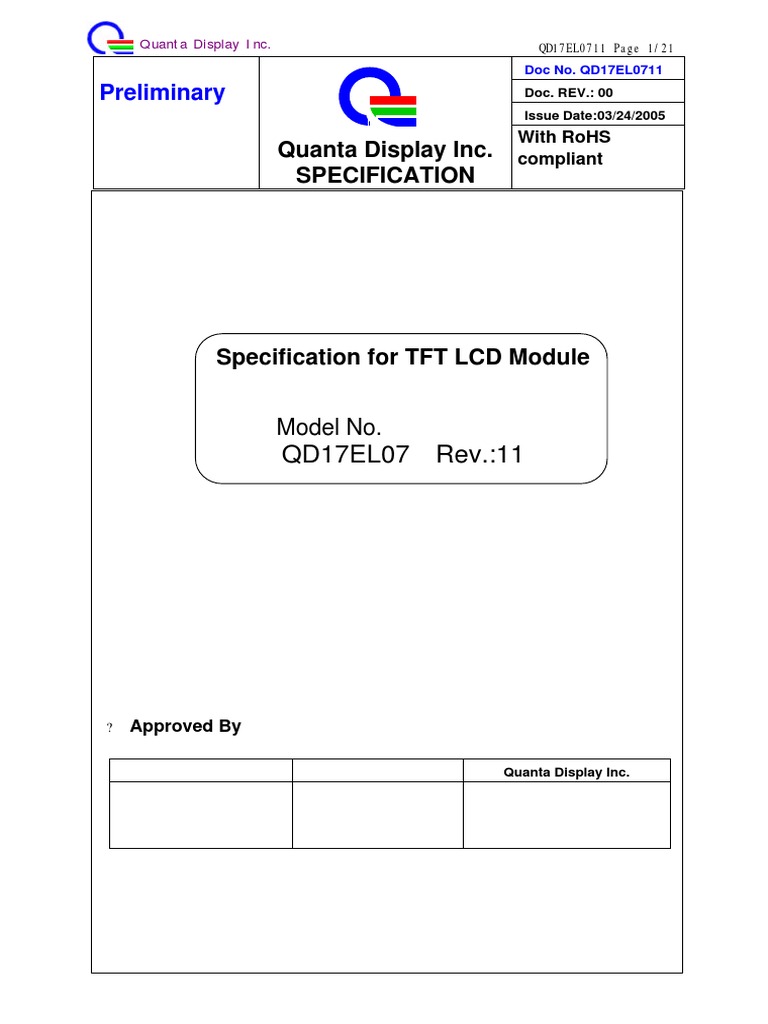 Preliminary: Quanta Display Inc. Specification | PDF | Thin Film ...