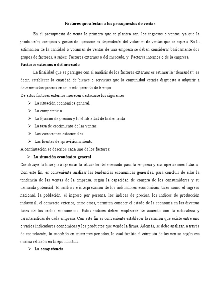 Factores que Afectan el Presupuesto de Ventas | PDF | Presupuesto | Precios