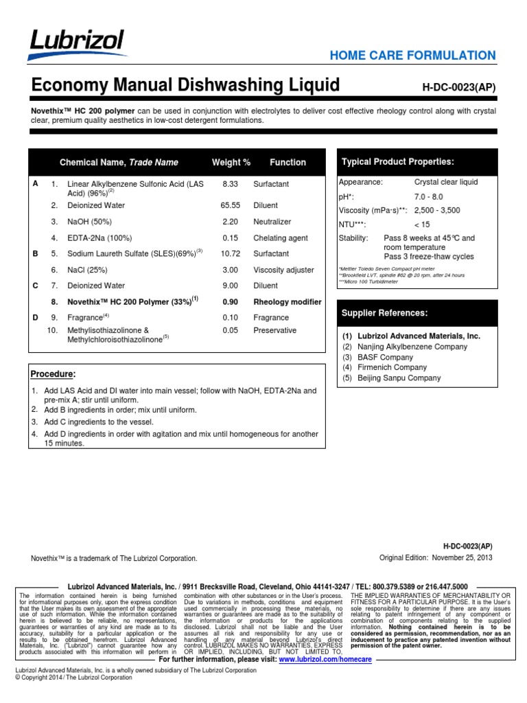 Economy Manual Dishwashing Liquid: Home Care Formulation | PDF | Sodium ...