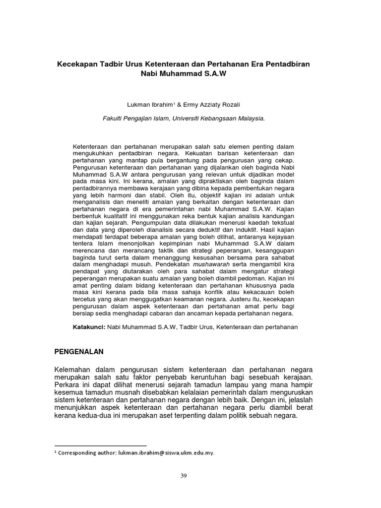 Kecekapan Tadbir Urus Ketenteraan Dan Pertahanan Era Pentadbiran Nabi Muhammad S A W Pdf