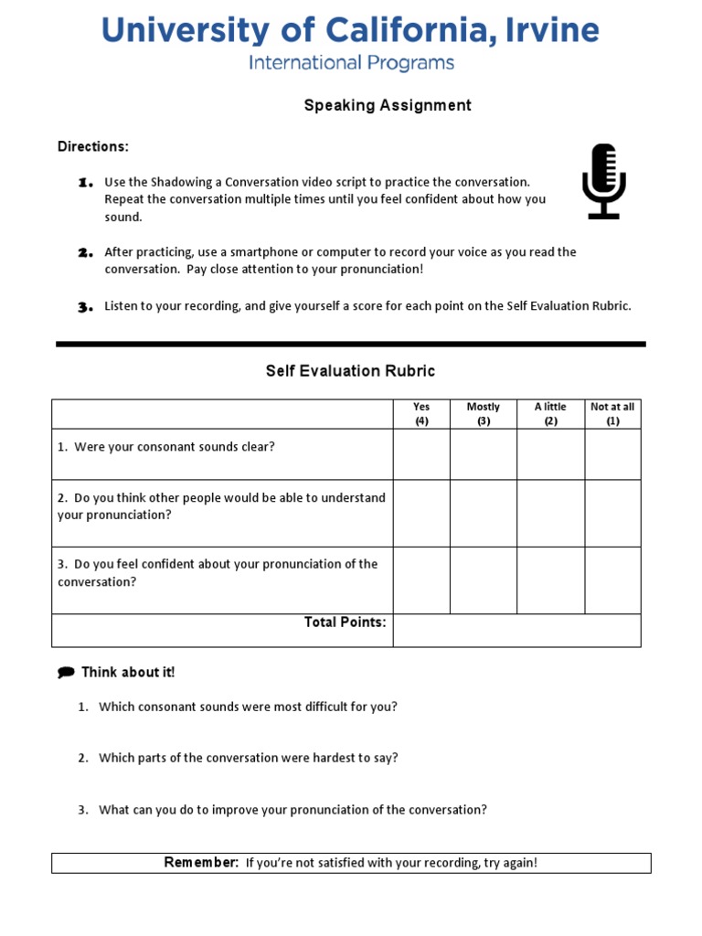 C0 M1.4c Self Evaluation Rubric Shadowing PDF | PDF | Human ...