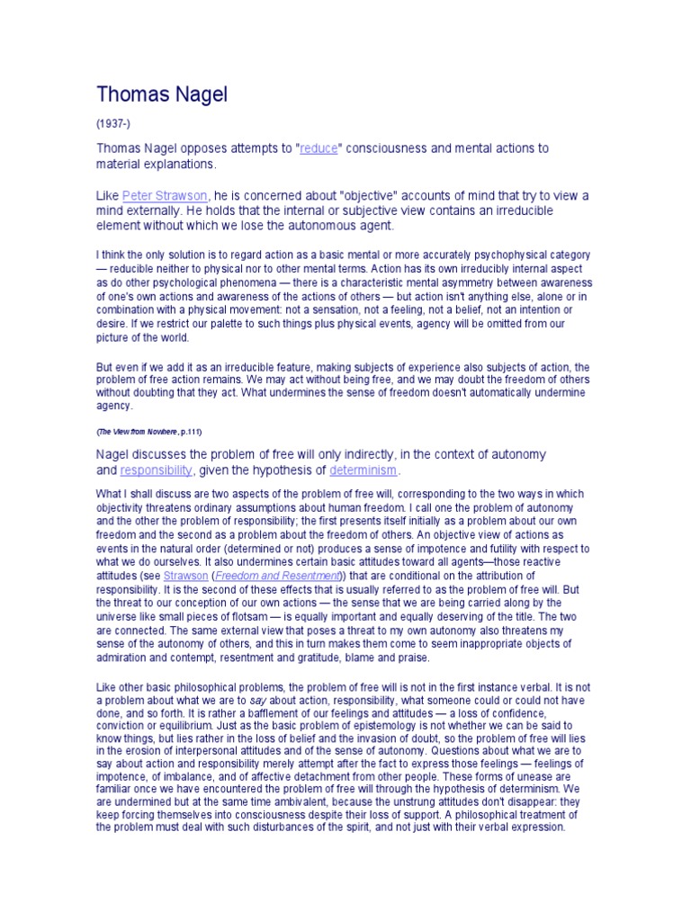 Thomas Nagel | PDF | Free Will | Reductionism